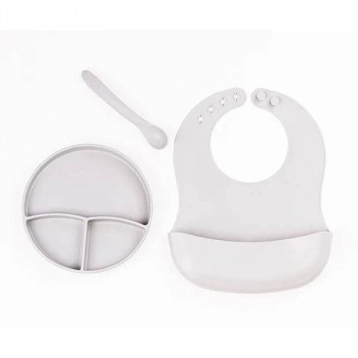 Gri 3’lü Silikon Yemek Seti – Önlük + Diş Kaşıyıcılı Kaşık + Vakumlu Tabak