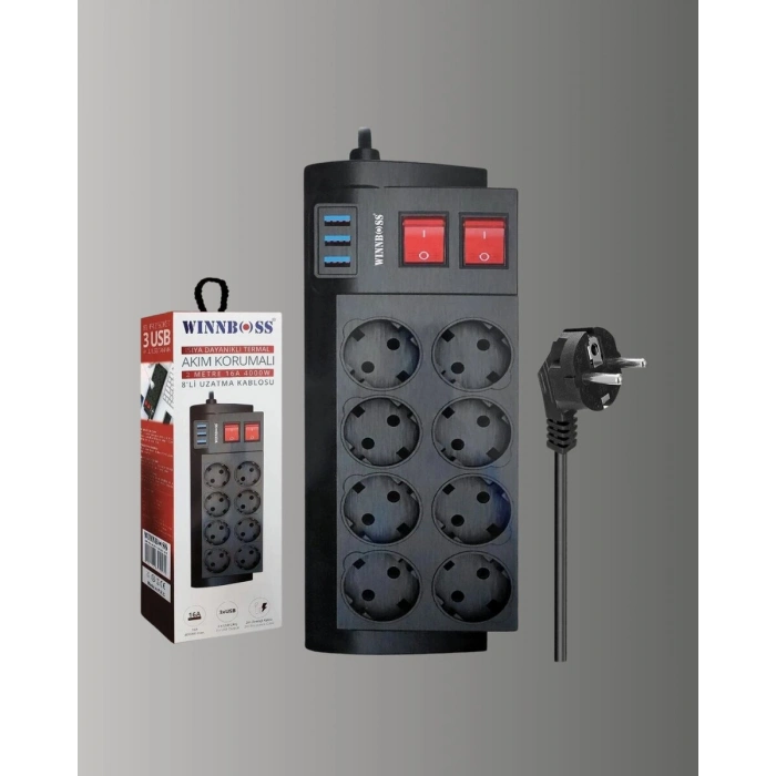 Güçlü Termal Korumalı 8 Priz + 3 USB Çoklu Uzatma Kablosu 2m