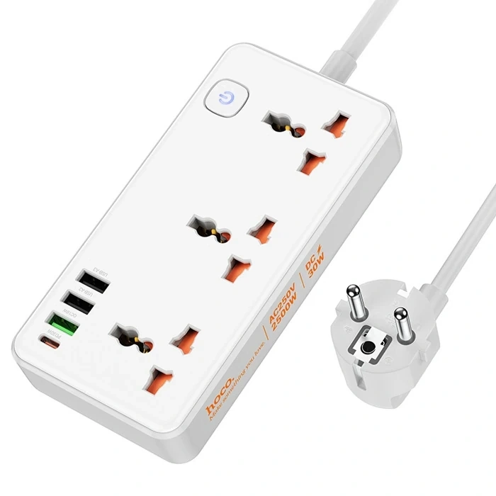 HOCO AC8A 2500W 3 Priz + 3 USB + 30W Type-C Multifonksiyonel Priz Çoğaltıcı Şarj Aleti-(5775)