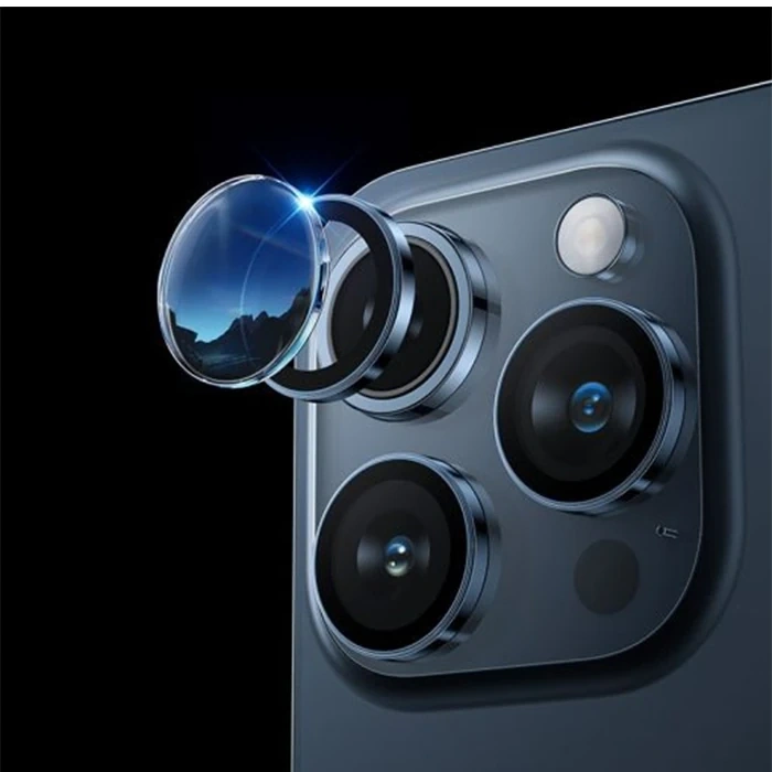 HOCO Crystal Clear iPhone 15 Pro-15 Pro Max HD 3D Metal Çerçeveli Kamera Koruyucu Lens-(5775)