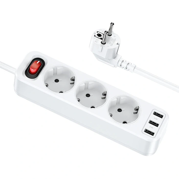 HOCO NS2 3lü Priz 3 USB 4000W 1.8 Metre Şarj Uzatma Kablosu Akım Korumalı-(5775)