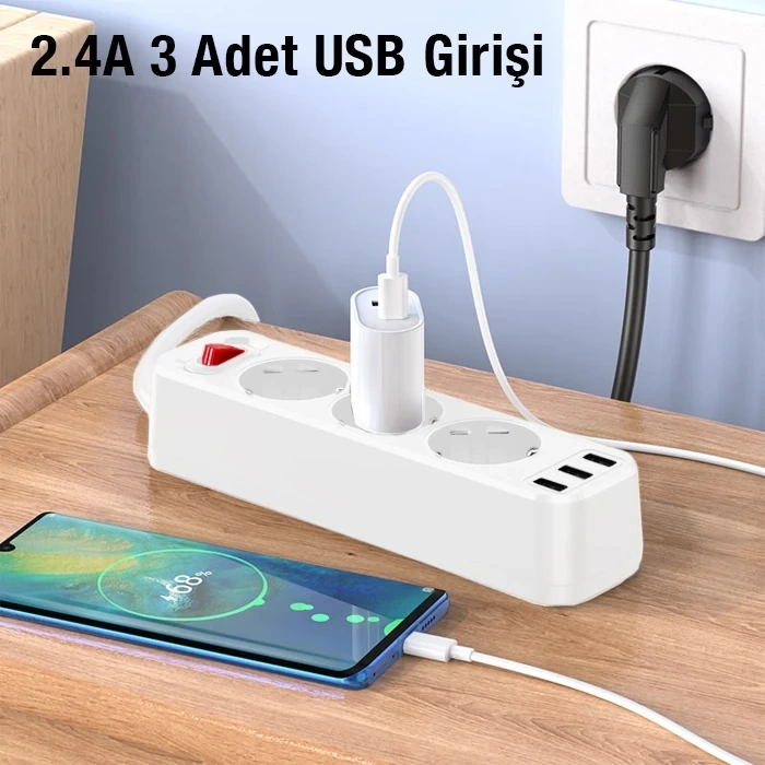HOCO NS2 3lü Priz 3 USB 4000W 1.8 Metre Şarj Uzatma Kablosu Akım Korumalı-(5775)