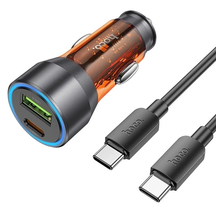 HOCO NZ12A Action PD43W USB + Type-C Araç Çakmaklık Hızlı Şarj Aleti + Type-C to Type-C Kablo-(5775)