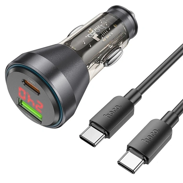 HOCO NZ12B Unimpeded PD48W USB + Type-C Araç Çakmaklı Hızlı Şarj Aleti + Type-C to Type-C Kablo-(5775)