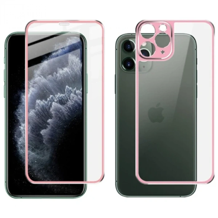 İPhone 11 Pro Max Metal Çerçeve Ön Arka 3D Full Tempered Cam Koruyucu-(5775)