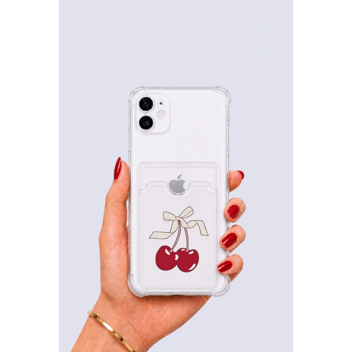 iPhone 12 Kartlıklı Kiraz Desenli Kılıf