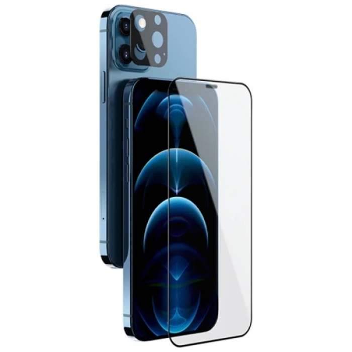 İPhone 12 Pro Max 2İN1 Full Glue Tempered Cam Ekran Koruyucu +Kamera Lens Set-(5775)