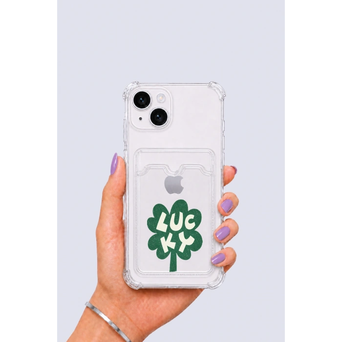 iPhone 13 Kartlıklı Lucky Yonca Desenli Kılıf