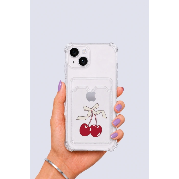 iPhone 14 Kartlıklı Kiraz Desenli Kılıf