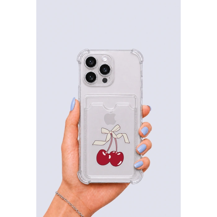 iPhone 15 Pro Max Kartlıklı Kiraz Desenli Kılıf