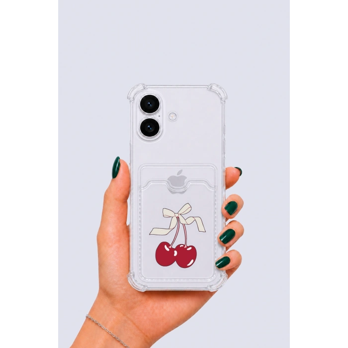 iPhone 16 Kartlıklı Kiraz Desenli Kılıf