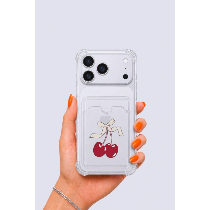 iPhone 17 Pro Max Kartlıklı Kiraz Desenli Kılıf
