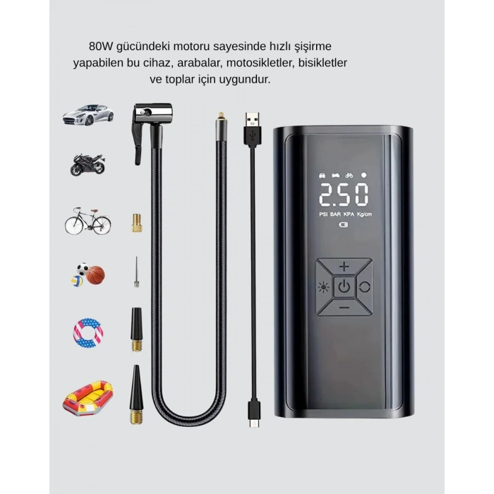 Kablosuz Dijital Lastik Şişirme Pompası LED Işıklı 80W