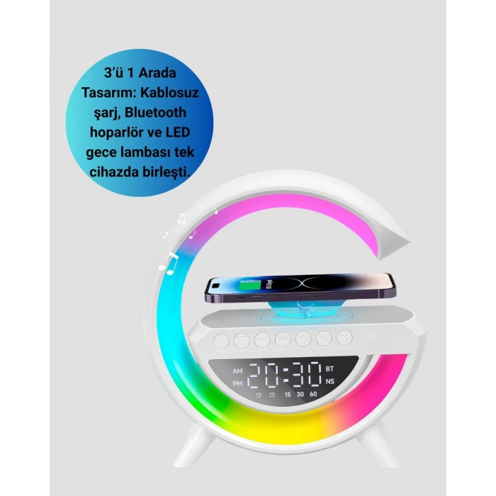 Kablosuz Şarjlı LED Masa Lambası Çalar Saat ve Beyaz Gürültü Özellikli