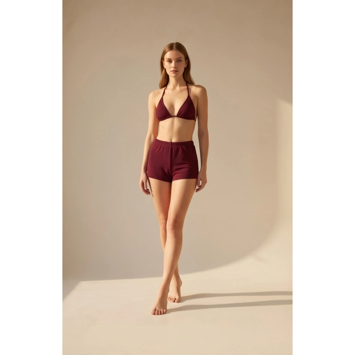 Kadın 3lü Set Bordo Şortlu ve Yandan Bağlamalı Bikini Mayo Takımı