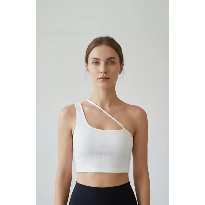 Kadın Beyaz Tek Omuzlu Çapraz Askılı Crop Top Büstiyer