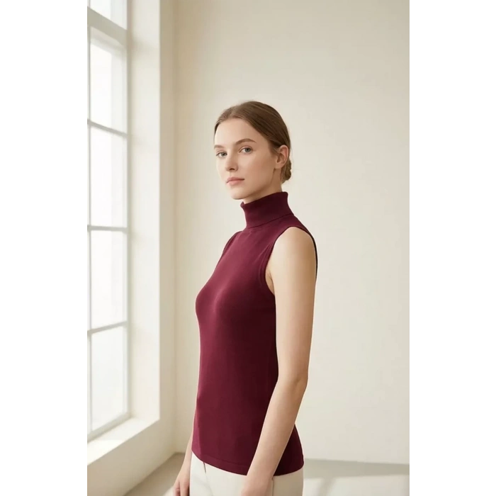 Kadın Bordo Kolsuz Balıkçı Yaka Basic Bluz
