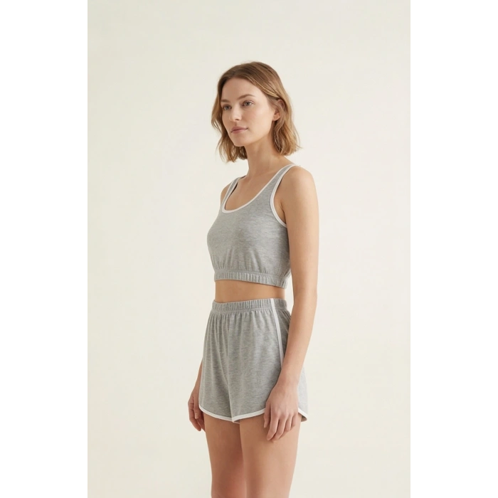 Kadın Gri Askılı Crop Top ve Şortlu Gecelik Takım