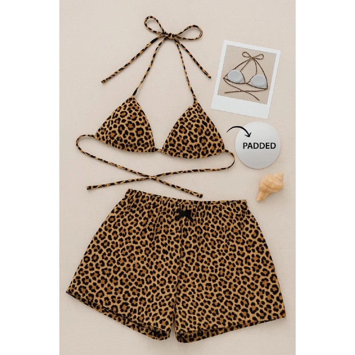 Kadın Leopar Desenli Şortlu Belden ve Boyundan Bağlamalı Bikini Takımı