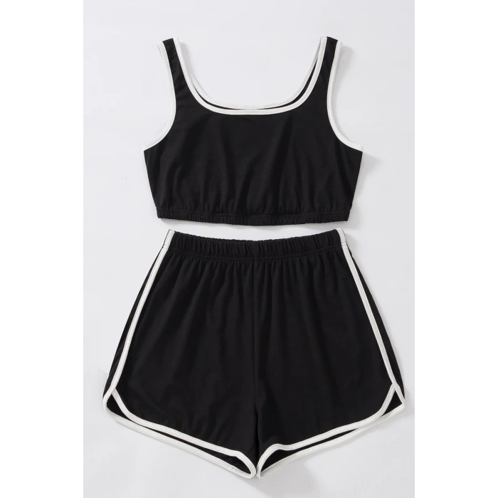 Kadın Siyah Askılı Crop Top ve Şortlu Gecelik Takım