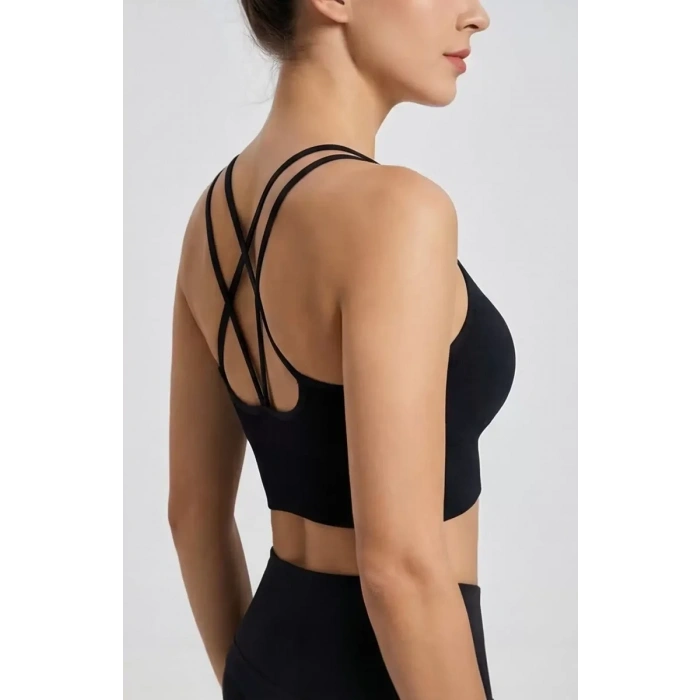 Kadın Siyah Çarpraz İpli Spor Büstiyer – Modern ve Şık Tasarım
