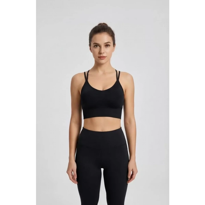 Kadın Siyah Çarpraz İpli Spor Büstiyer – Modern ve Şık Tasarım