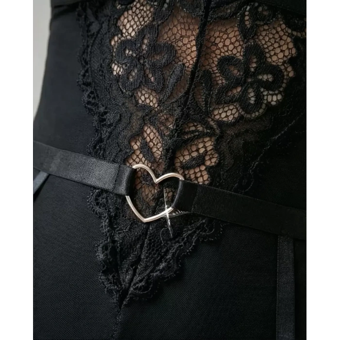 Kadın Siyah Dantel Jartiyerli Bodysuit Gecelik - Kemer Detaylı