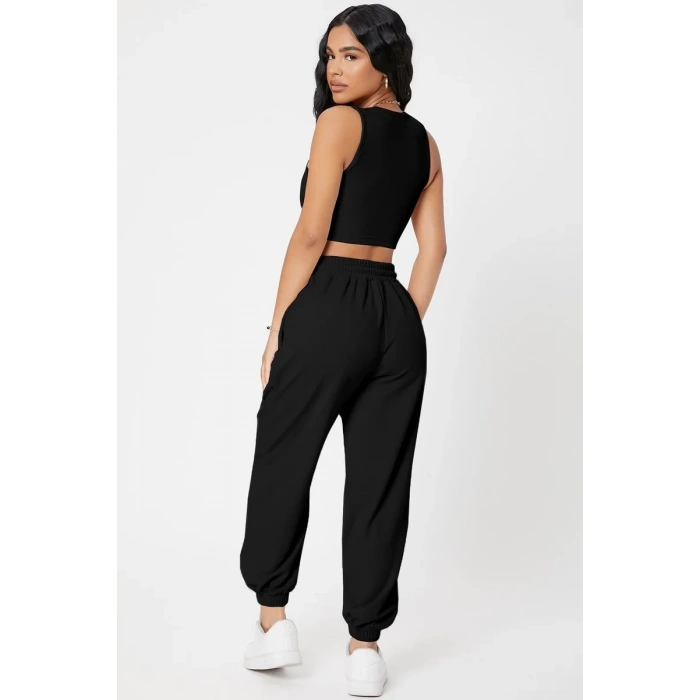 Kadın Siyah Kaşkorse Cepli Jogger Eşofman Altı ve Crop Top Bluz
