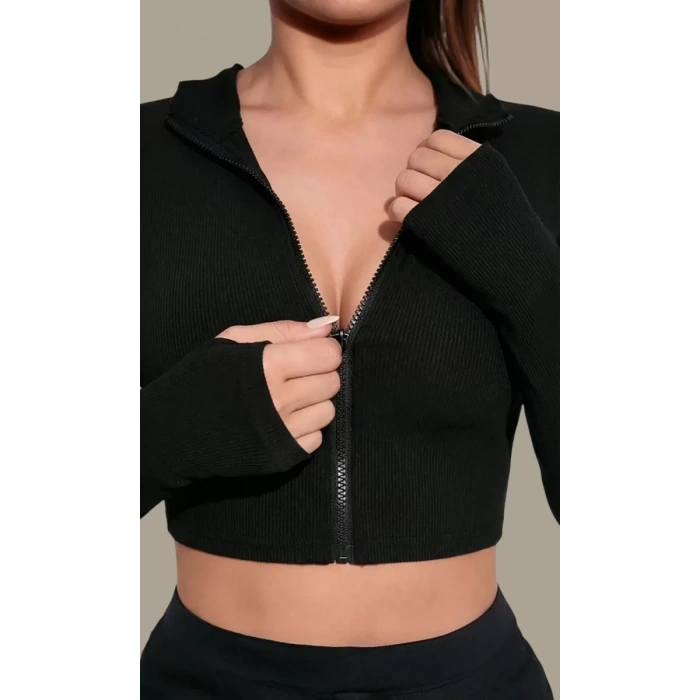 Kadın Siyah Uzun Kol Fermuarlı Parmak Geçme Detaylı Dik Yaka Crop Top Bluz