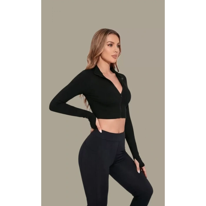Kadın Siyah Uzun Kol Fermuarlı Parmak Geçme Detaylı Dik Yaka Crop Top Bluz