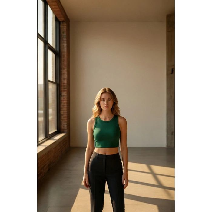 Kadın Yeşil Kare Yaka Crop Top Bluz – Şık, Rahat ve Kolay Kombinlenebilir