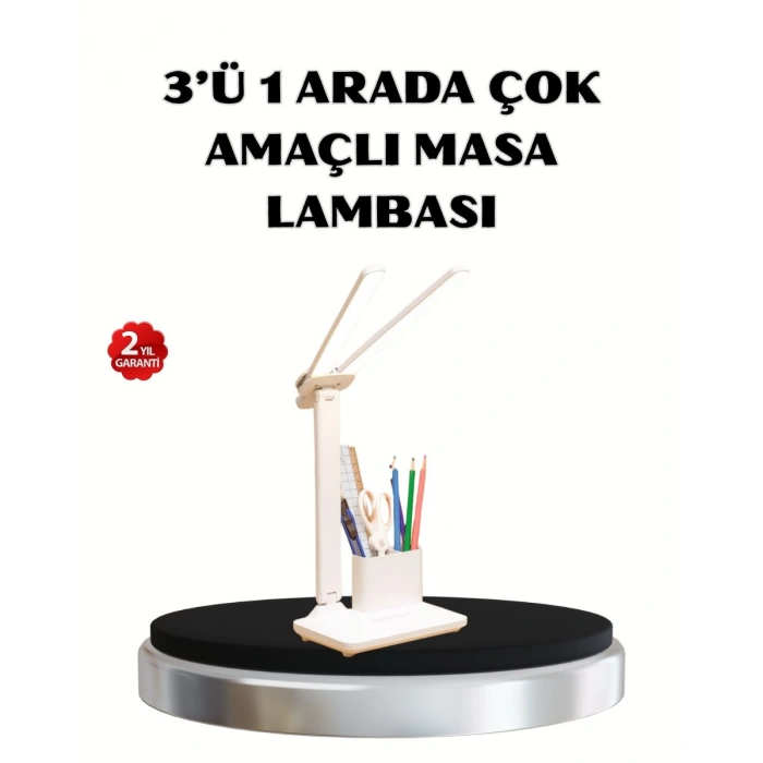 Kalemlik ve Telefon Standlı Masa Lambası – Kısılabilir LED Işık Göz Dostu Tasarım