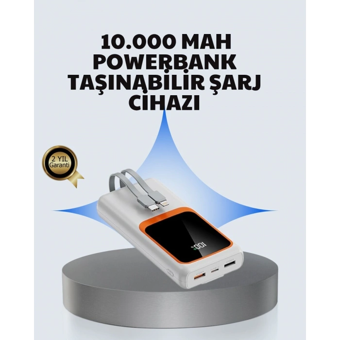 Kompakt 10000 mAh Powerbank – Dijital Göstergeli Type-C ve Lightning Uyumlu