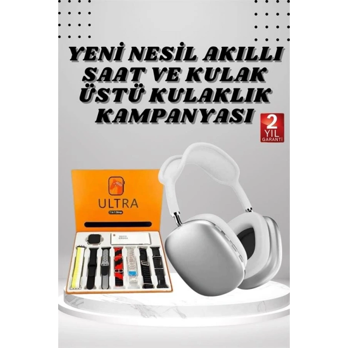 Kulak Üstü P9 Kablosuz Bluetooth Kulaklık ve 7 Kordonlu Akıllı Saat