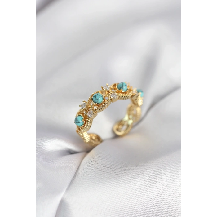 Mavi Taşlı Gold Renk Vintage Kadın Yüzük 5886