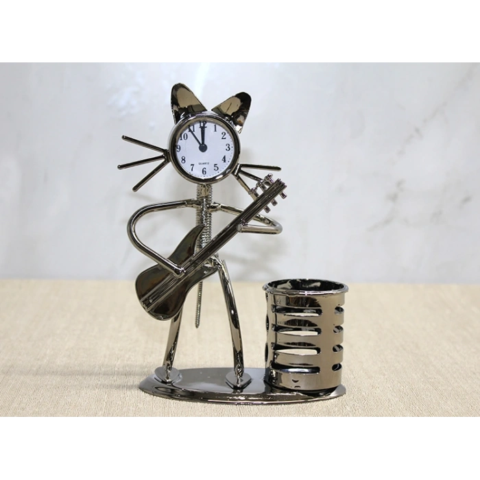 Metal Gitar Çalan Müzisyen Kedi Saat Ve Kalemlik