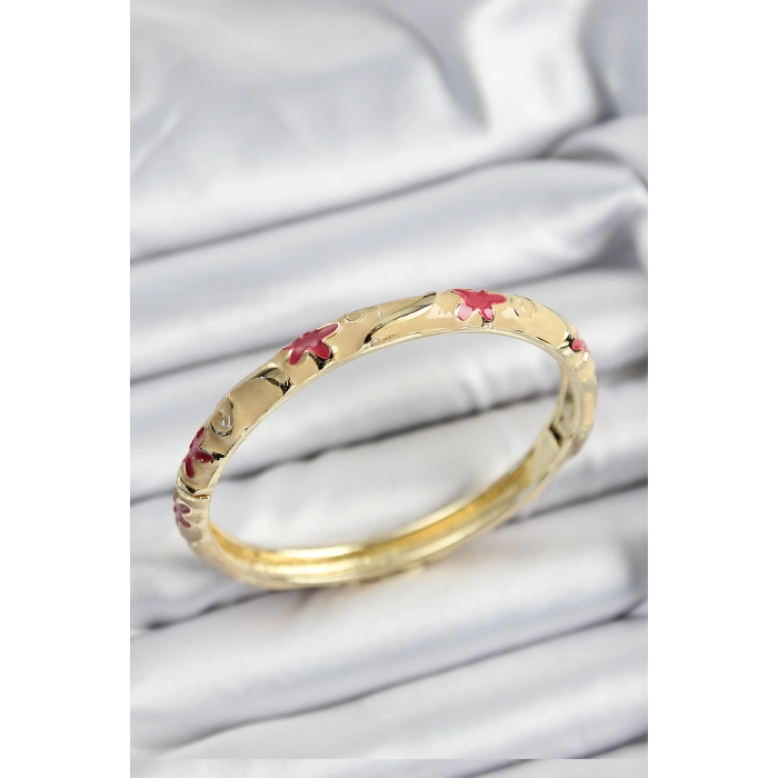 Mineli Pirinç Pembe Ve Krem Çiçek Motifli Gold Renk Kadın Kelepçe 5886