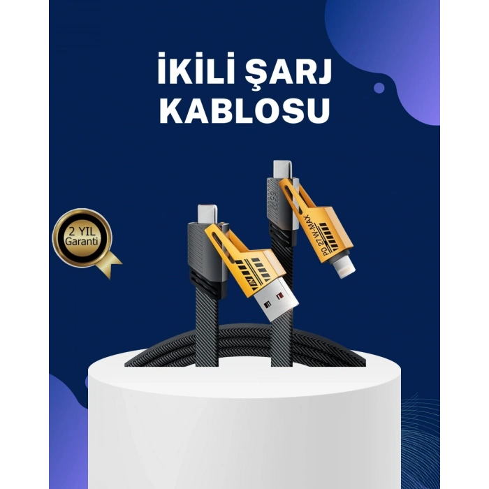Örgülü Tasarım 4’ü 1 Arada USB-C Lightning Hızlı Şarj Kablosu