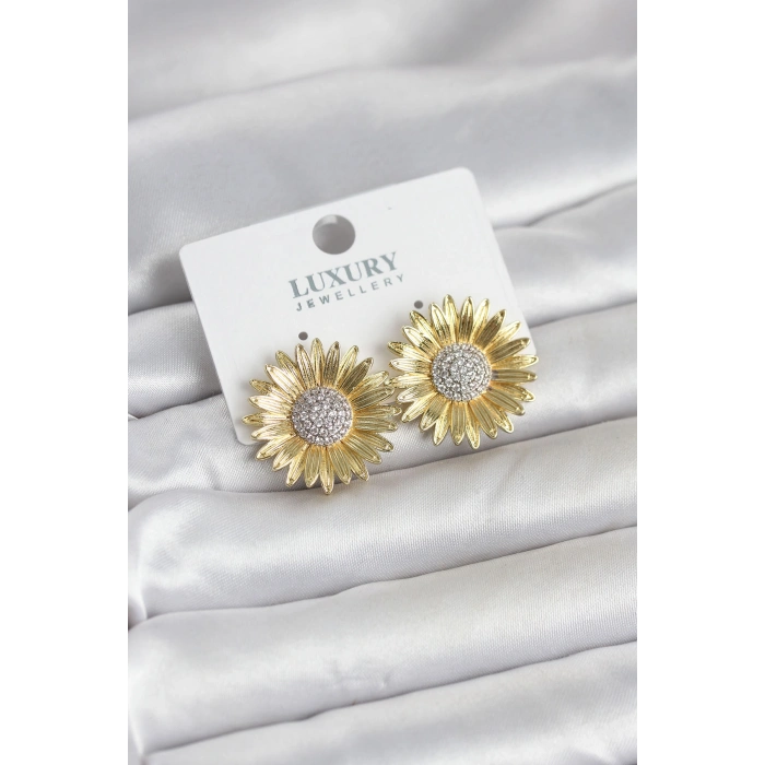 Papatya Model Zirkon Taşlı Pirinç Gold Renk Kadın Küpe 5886