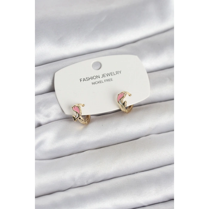 Pembe Yunus Balığı Model Gold Renk Pirinç Çocuk Küpe 5886