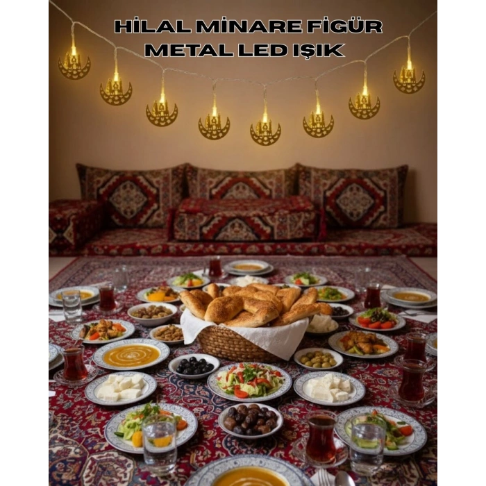 Pilli Minareli Hilal LED Işık Gold Metal Ramazan Dekorasyonu