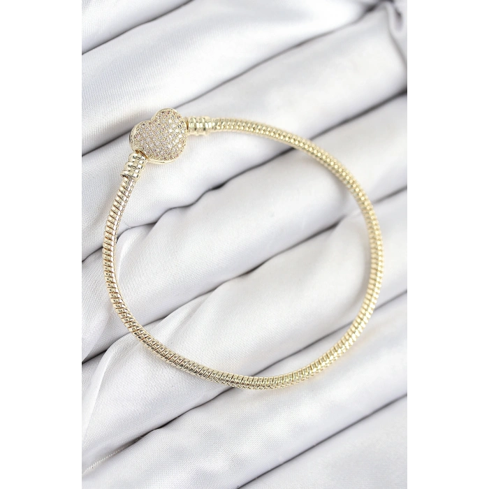 Pirinç Charm Zirkon Taşlı Kalp Model Gold Renk Kadın Bileklik 5886