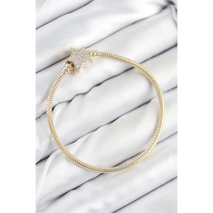 Pirinç Charm Zirkon Taşlı Yıldız Model Gold Renk Kadın Bileklik 5886