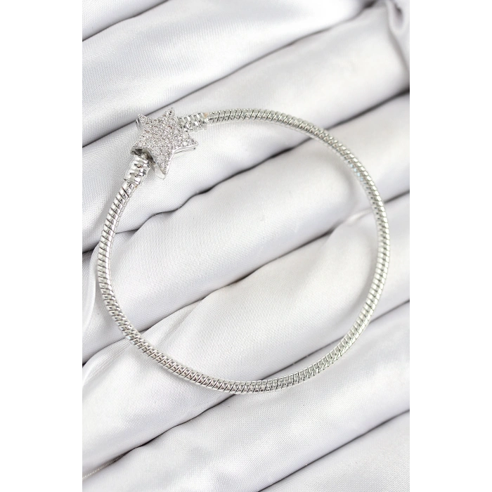 Pirinç Charm Zirkon Taşlı Yıldız Model Gümüş Renk Kadın Bileklik 5886