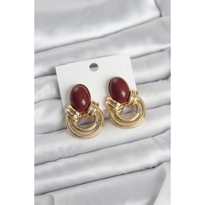 Pirinç Gold Renk Bordo Taşlı Vintage Kadın Küpe 5886