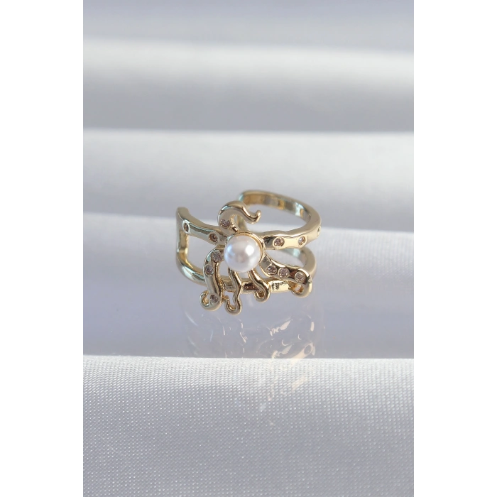 Pirinç Gold Renk İncili Ahtapot Earcuff Küpe 5886