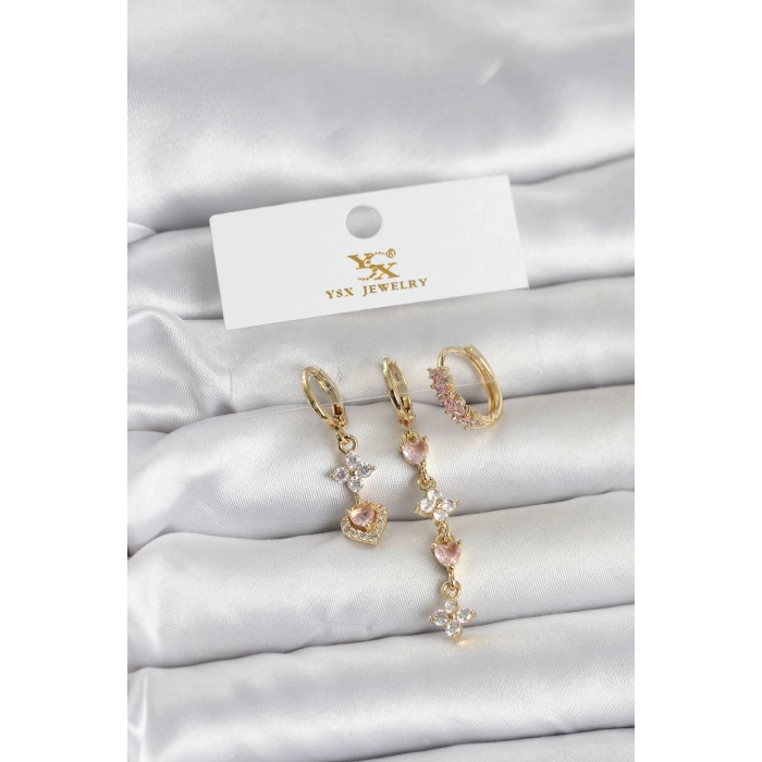 Pirinç Gold Renk Pembe Zirkon Taşlı 3lü Kadın Küpe 5886