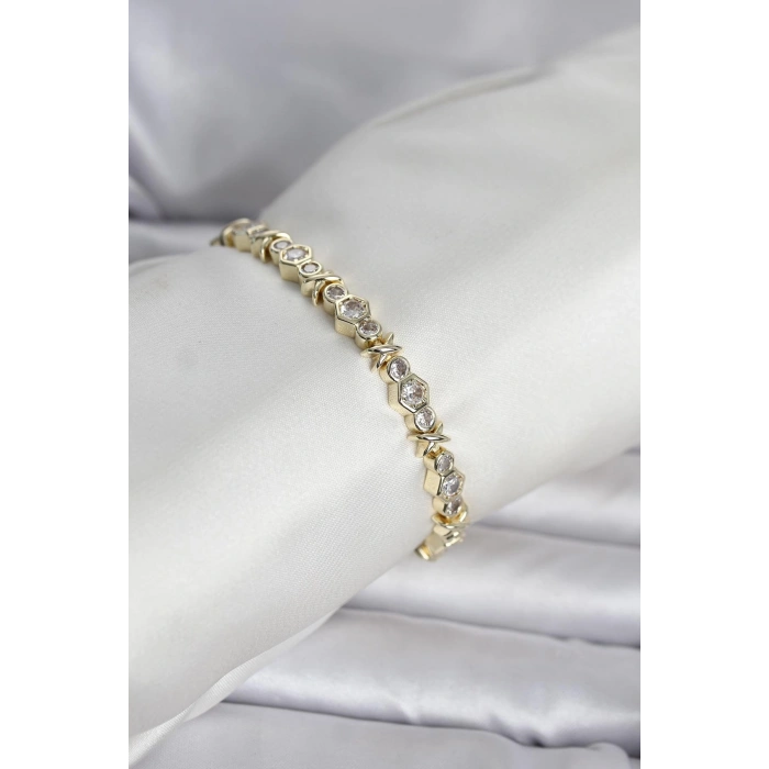 Pirinç Gold Renk Petek Model Zirkon Taşlı Kadın Bileklik 5886