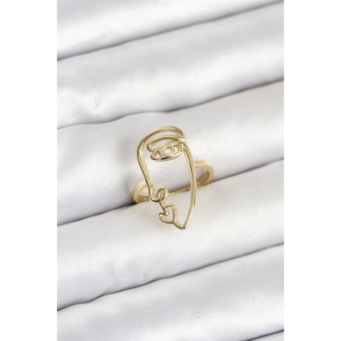Pirinç Gold Renk Picasso Tarzı Tek Çizgi Yüz Model Kadın Yüzük 5886