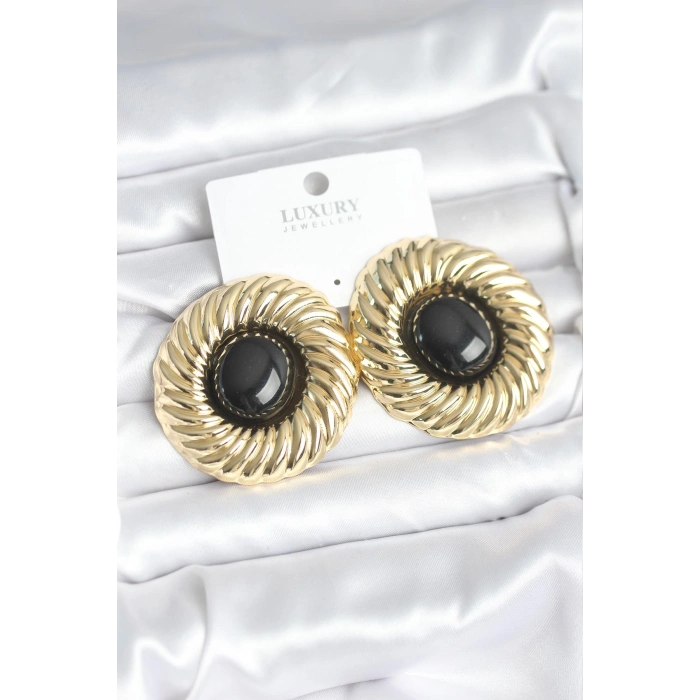 Pirinç Gold Renk Siyah Boncuklu Vintage Kadın Küpe 5886